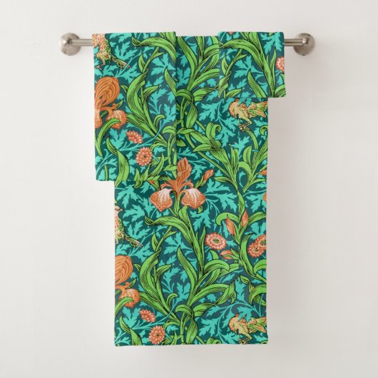 William Morris Irises, Oranje en Turquoise Bad Handdoek (Insitu)