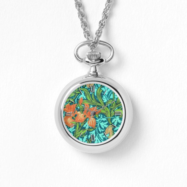 William Morris Irises, Oranje en Turquoise Horloge (Voorkant)