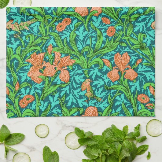 William Morris Irises, Oranje en Turquoise Theedoek (Gevouwen)