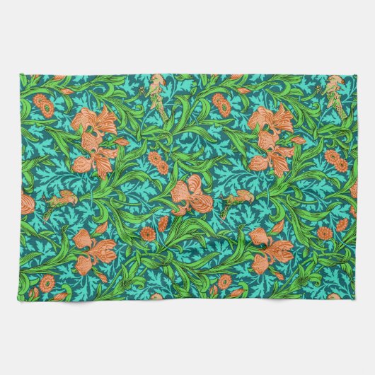 William Morris Irises, Oranje en Turquoise Theedoek (Horizontaal)