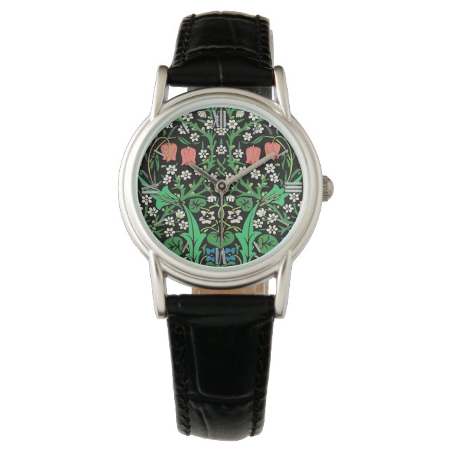 William Morris Jacobean Floral, Black Background Horloge (Voorkant)
