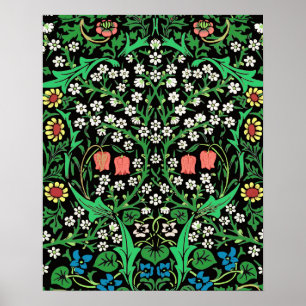 William Morris Jacobean Floral, Black Background Poster