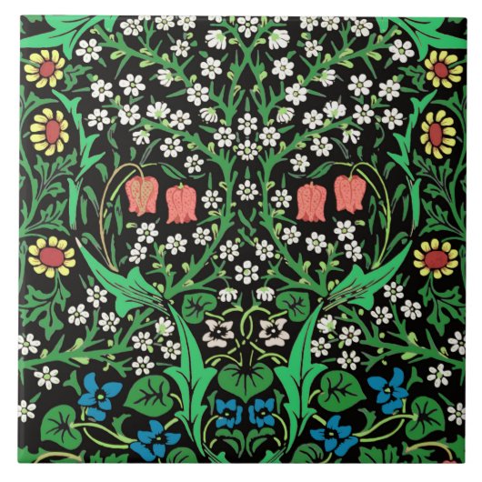 William Morris Jacobean Floral, Black Background Tegeltje (Voorkant)