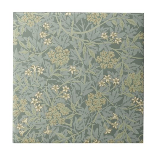 William Morris Jasmine Blauw Groene Botanische Kun Tegeltje (Voorkant)