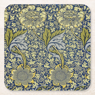 William Morris Kennet Bloemenbehang Blauw Goud Vierkante Kartonnen Onderzetter