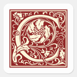 William Morris Letter C Monogram Initiaal Rood Vierkante Sticker