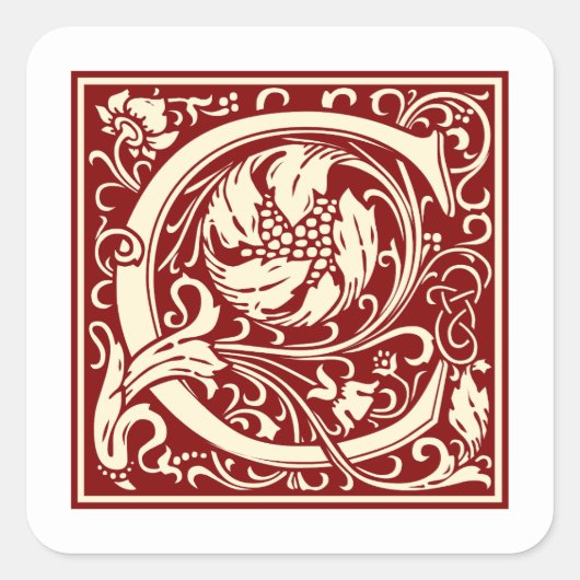 William Morris Letter C Monogram Initiaal Rood Vierkante Sticker (Voorkant)
