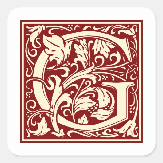 William Morris Letter G Monogram Initiaal Rood Vierkante Sticker (Voorkant)