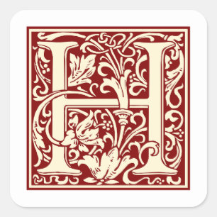 William Morris Letter H Monogram Initiaal Rood Vierkante Sticker