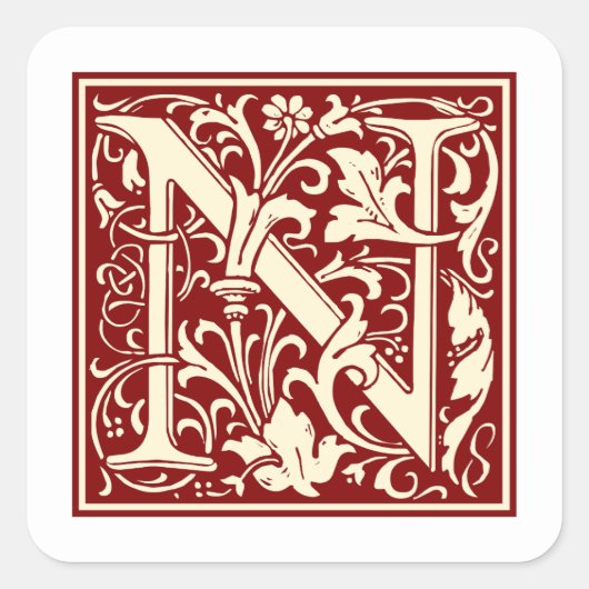 William Morris Letter N Monogram Initiaal Rood Vierkante Sticker (Voorkant)
