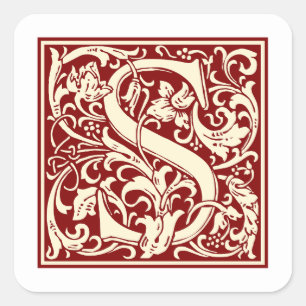 William Morris Letter S Monogram Initiaal Rood Vierkante Sticker