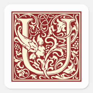 William Morris Letter U Monogram Initiaal Rood Vierkante Sticker