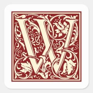 William Morris Letter W Monogram Initiaal Rood Vierkante Sticker