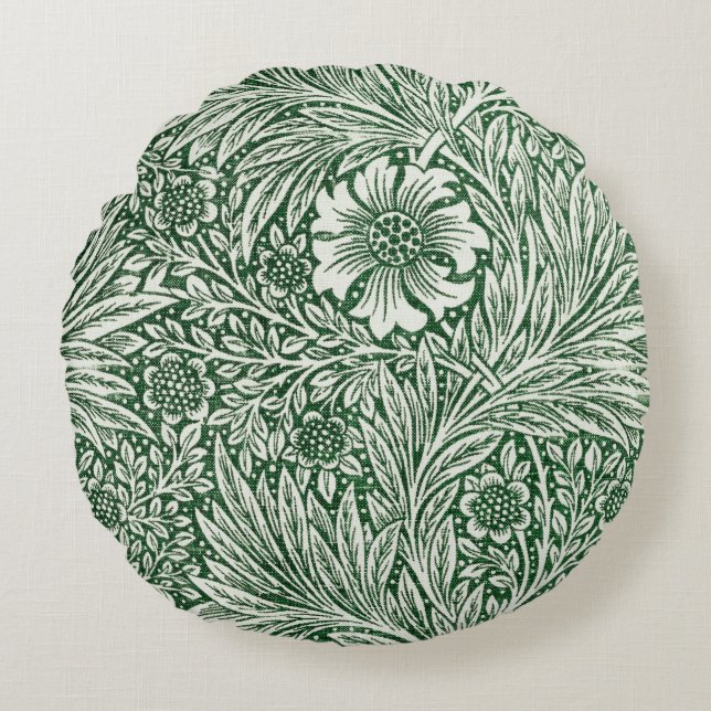 William Morris Marigold Groene Bloembloem Rond Kussen (Voorkant)