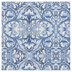 William Morris ornament blauw en witte bloemen Stof