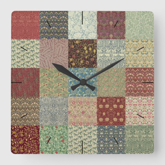 William Morris Patchwork Quilt Timepart Vierkante Klok (Voorkant)