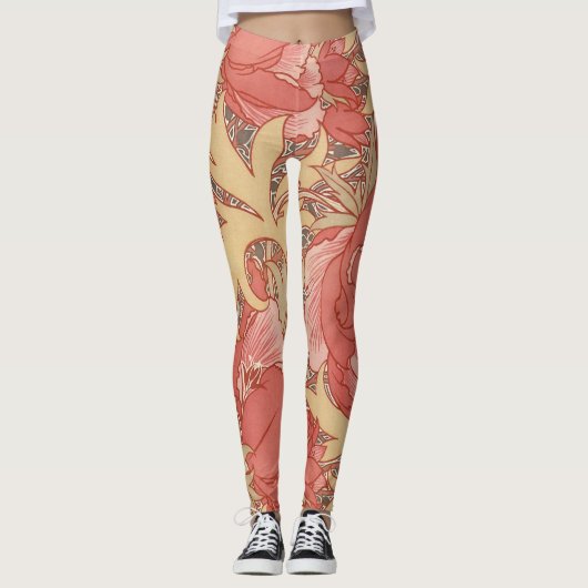 William Morris Poppies Floral Art Nouveau Pattern Leggings (Voorkant)