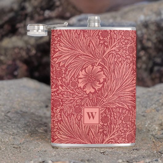 William Morris Red Marigold Pattern met Initiaal Heupfles