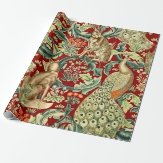 William Morris Red Pattern Forest Cadeaupapier (Uitgerold)
