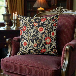 William Morris Rood Goud op Zwarte Bloempatroon Kussen