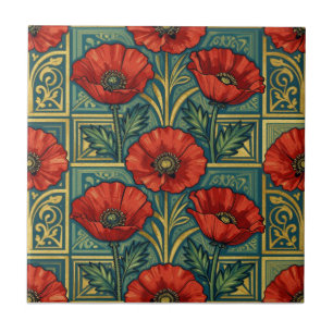 William Morris Rood Gouden Klaprozen geometrisch B Tegeltje