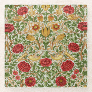 William Morris Roos & Birds Chintz Rood Glazen Onderzetter