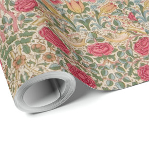 William Morris Roos Pink Yellow Bird Flor Cadeaupapier