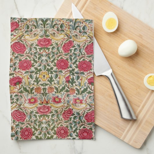 William Morris Roos Pink Yellow Bird Flor Theedoek (Quarter Fold)