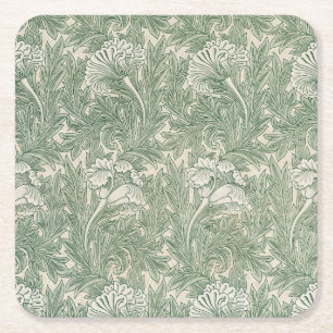 William Morris Saliegroene Tulp Patroon: Vintage Vierkante Kartonnen Onderzetter