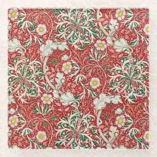 William Morris Seaweed Antiek Flower Red Green Glazen Onderzetter