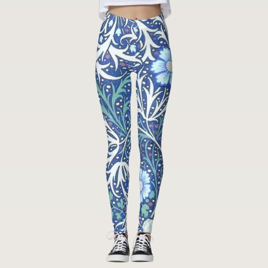 William Morris Seaweed Blue Pattern Leggings (Voorkant)