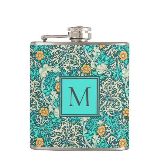 William Morris Seaweed Patroon met uw Monogram Heupfles (Voorkant)