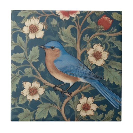William Morris stijl Links tegenover Bluebird Bird Tegeltje (Voorkant)