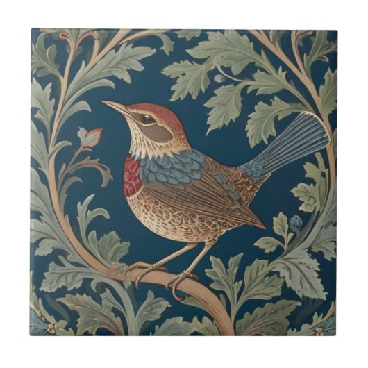 William Morris stijl Links tegenover Wren Bird Tegeltje (Voorkant)