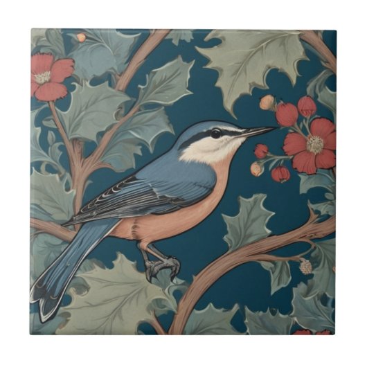 William Morris stijl Rechts tegenover Nuthatch Bir Tegeltje (Voorkant)