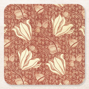 William Morris stijl Red Lily bloempatroon Vierkante Kartonnen Onderzetter