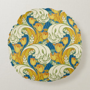 William Morris stijl teal & goud tulp bloem kunst Rond Kussen
