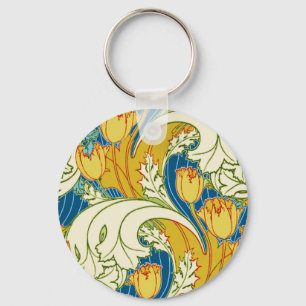 William Morris stijl Teal & Goud Tulp Bloem Kunst Sleutelhanger