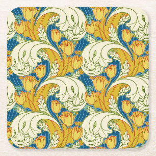 William Morris stijl teal & goud tulp bloem kunst Vierkante Kartonnen Onderzetter