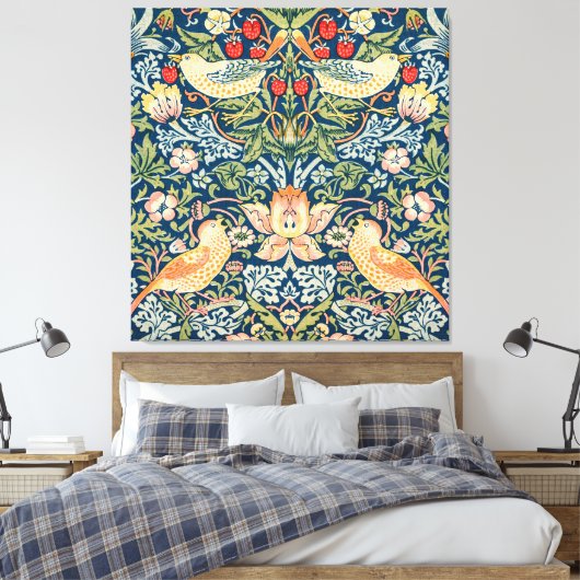 William Morris Strawberry Thief Floral Pattern Canvas Afdruk (Insitu (Slaapkamer))