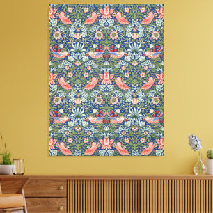 William Morris Strawberry Thief Navy Koraal Canvas Afdruk