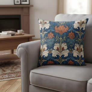 William Morris Style Kussen Blauw Sinaasappel Bloe