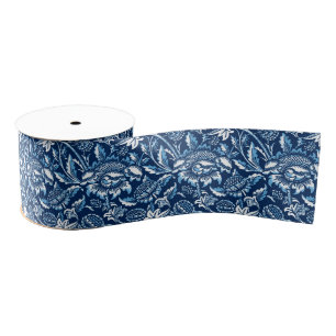 William Morris Sunflower, Dark Blue en White Grosgrain Lint