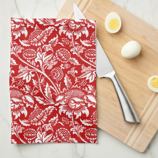 William Morris Sunflower, Deep Red en White Theedoek (Quarter Fold)