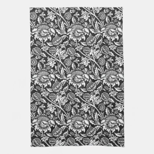 William Morris Sunflower, zwart, wit en grijs Theedoek (Verticaal)