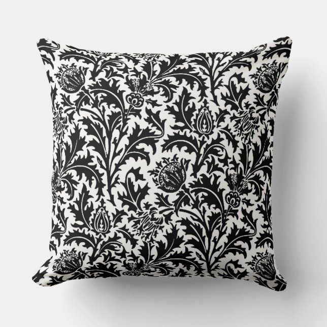 William Morris Thistle Damask, Black on White Kussen (Voorkant)