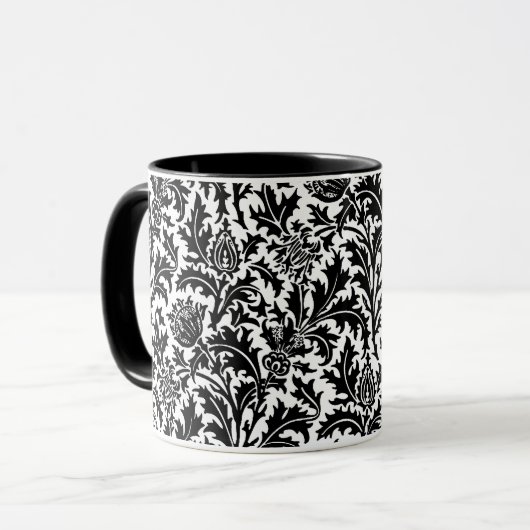 William Morris Thistle Damask, Black on White Mok (Voorkant links)