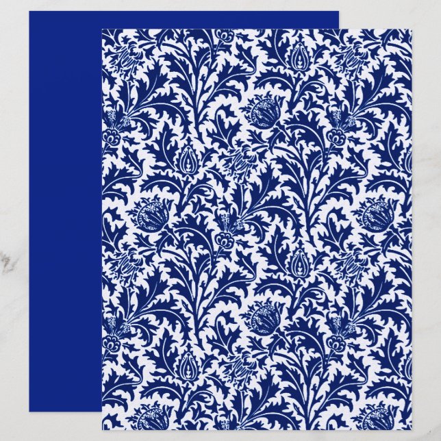 William Morris Thistle Damask, Cobalt Blue en Whit (Voorkant / Achterkant)