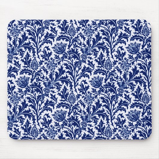 William Morris Thistle Damask, Cobalt Blue en Whit Muismat (Voorkant)
