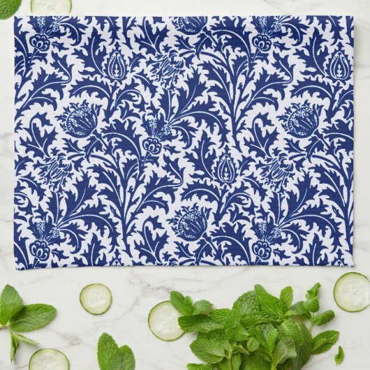 William Morris Thistle Damask, Cobalt Blue en Whit Theedoek (Gevouwen)